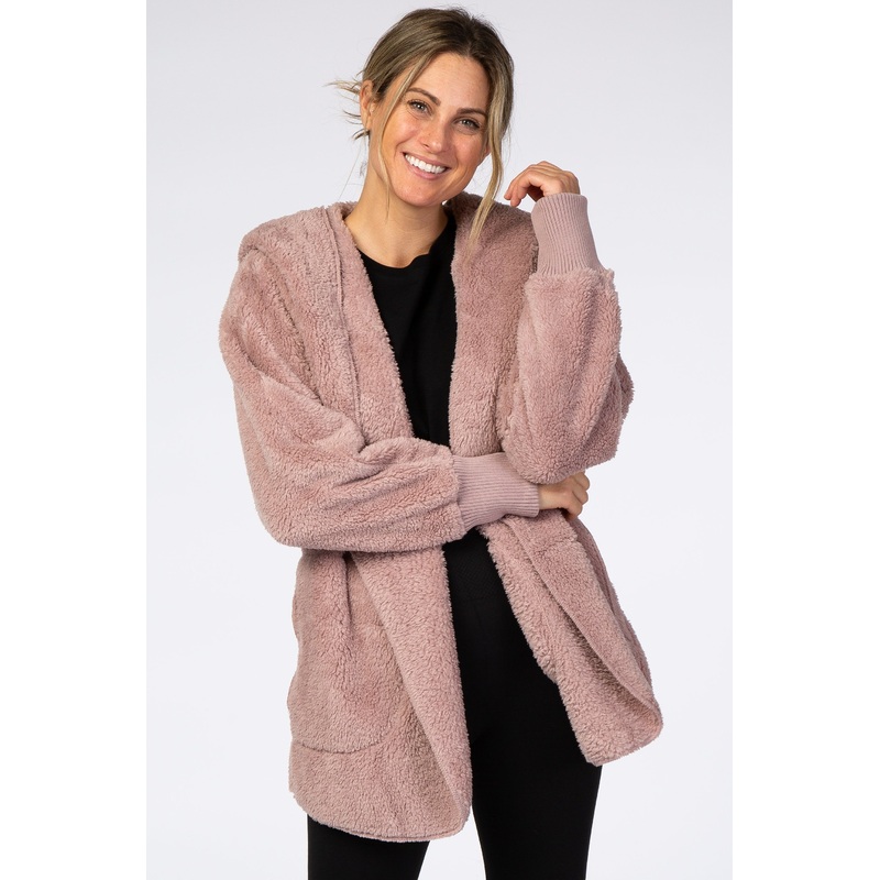 Mauve Fuzzy Hooded Long Sleeve Jacket