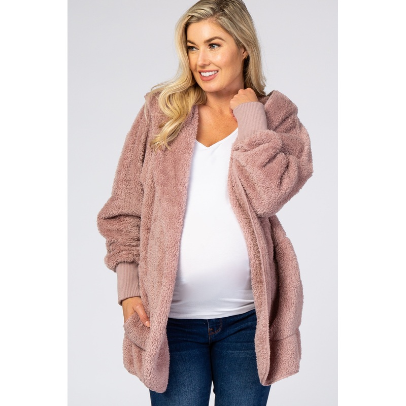 Mauve Fuzzy Hooded Long Sleeve Maternity Jacket