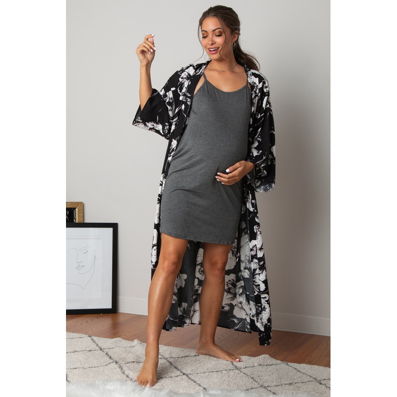 PinkBlush Black Floral Delivery/Nursing Long Maternity Robe