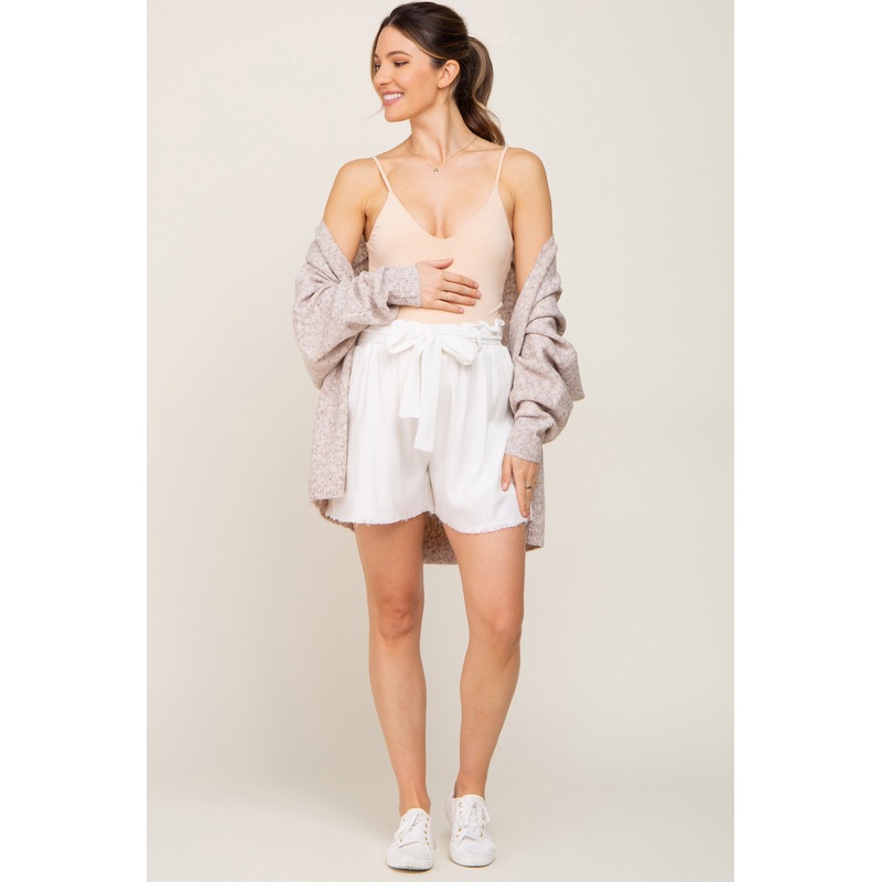 White Front Tie Raw Hem Maternity Shorts