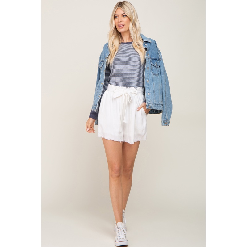 White Front Tie Raw Hem Shorts