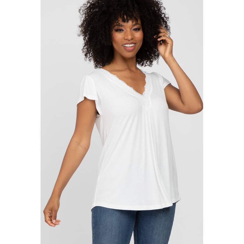 White Lace Trim Short Sleeve Top