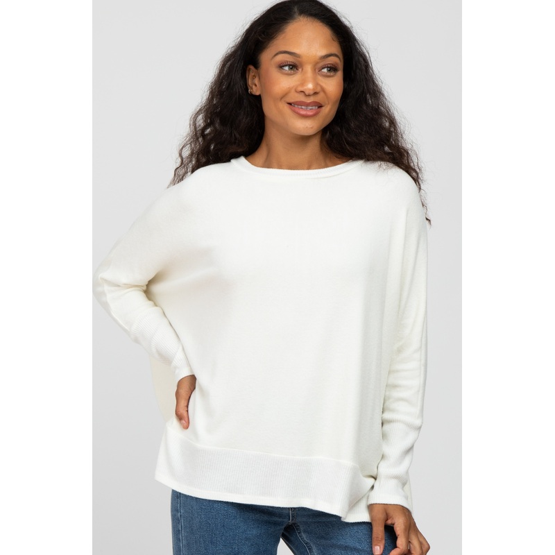 White Soft Brushed Knit Dolman Sleeve Side Slit Top
