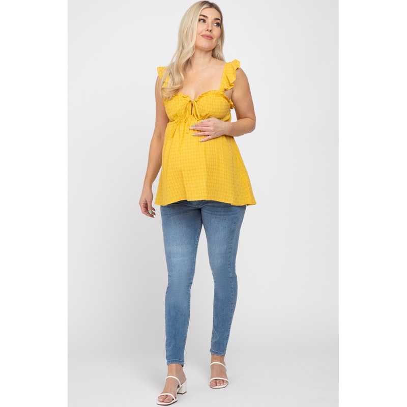 Yellow Plaid Pattern Sweetheart Neck Front Tie Maternity Top