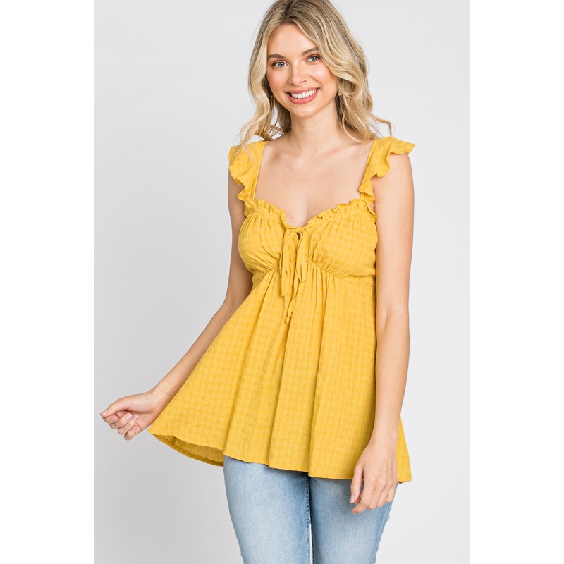 Yellow Plaid Pattern Sweetheart Neck Front Tie Top