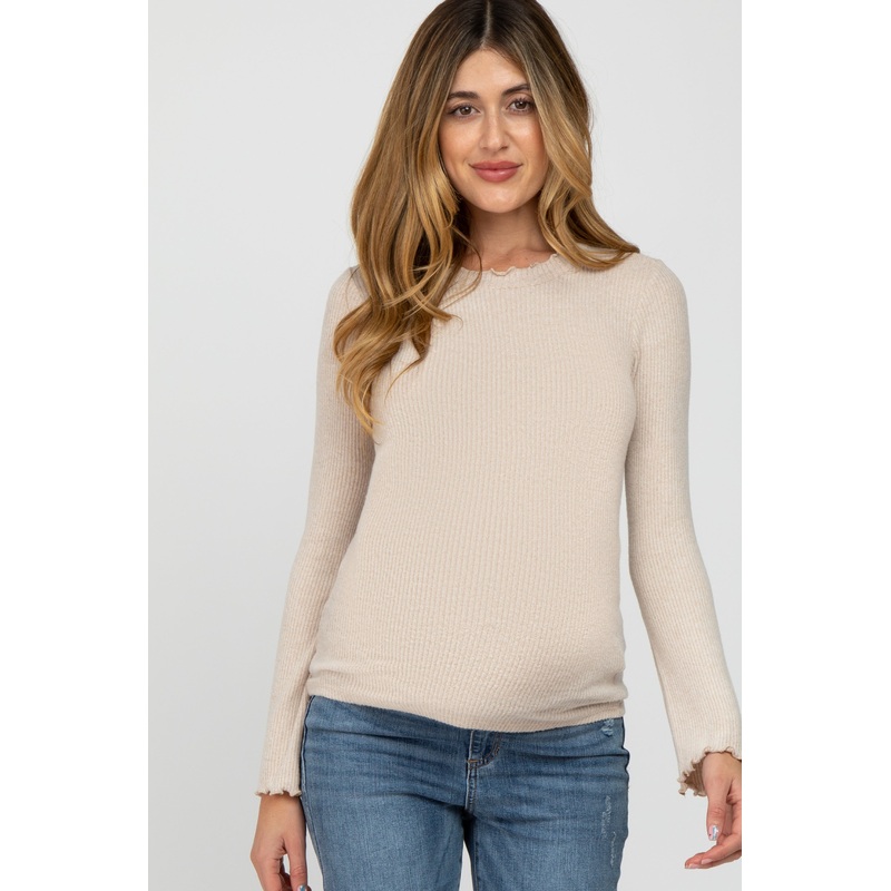 Beige Brushed Lettuce Trim Maternity Top