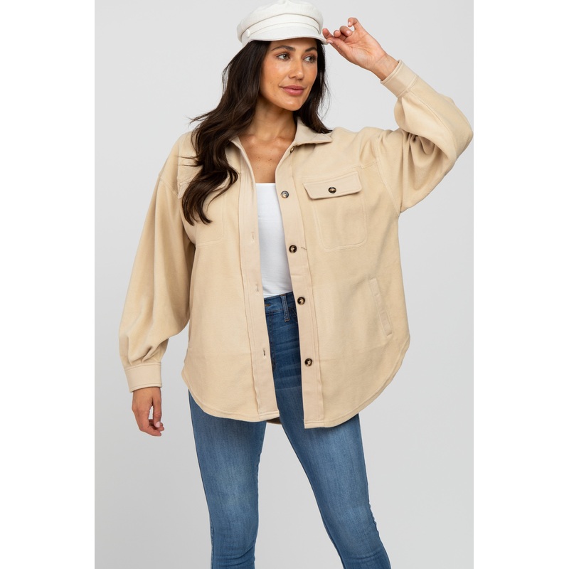 Beige Fleece Button Down Oversized Jacket