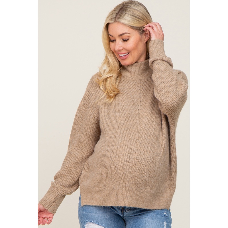 Beige Mock Neck Maternity Sweater