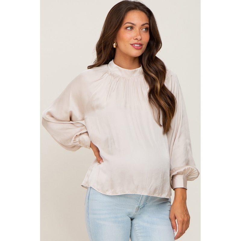 Beige Satin Maternity Long Sleeve Blouse