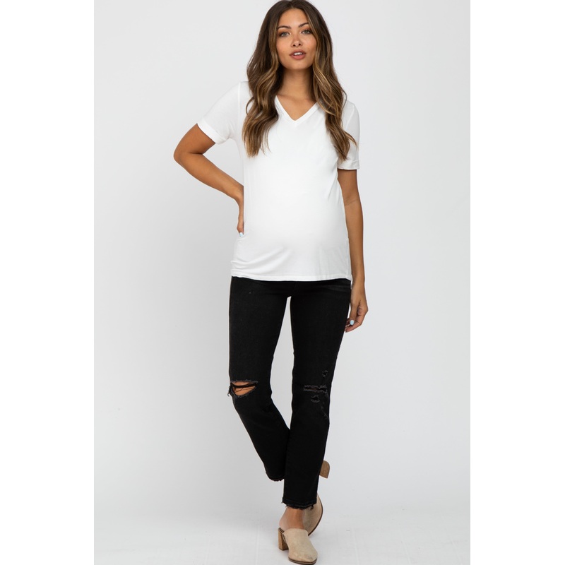 Black Distressed Ripped Knee Cropped Maternity Jeans