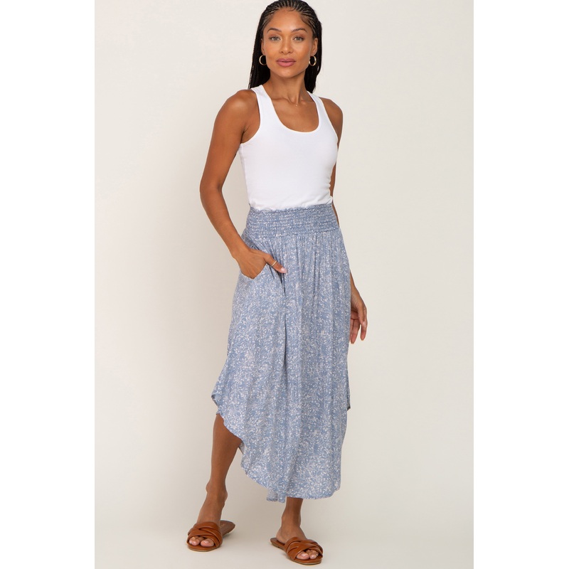 Blue Floral Smocked Curved Hem Skirt