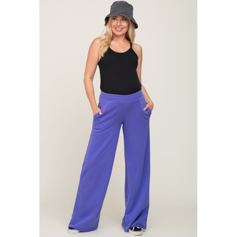 Purple Wide Leg Fray Hem Maternity Sweatpants