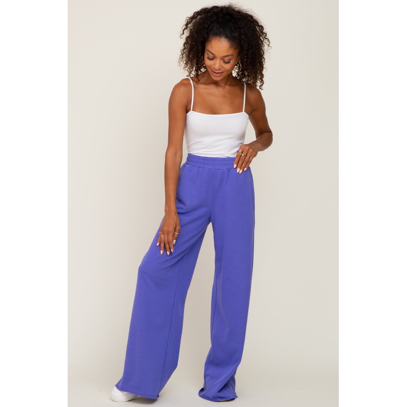 Purple Wide Leg Fray Hem Sweatpants
