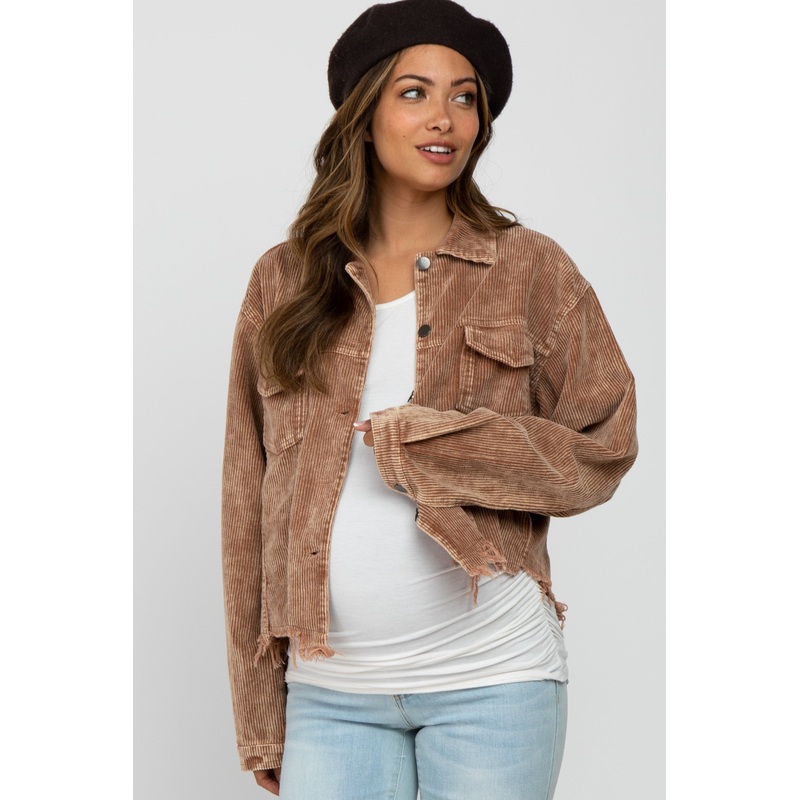 Taupe Corduroy Distressed Hem Cropped Maternity Jacket