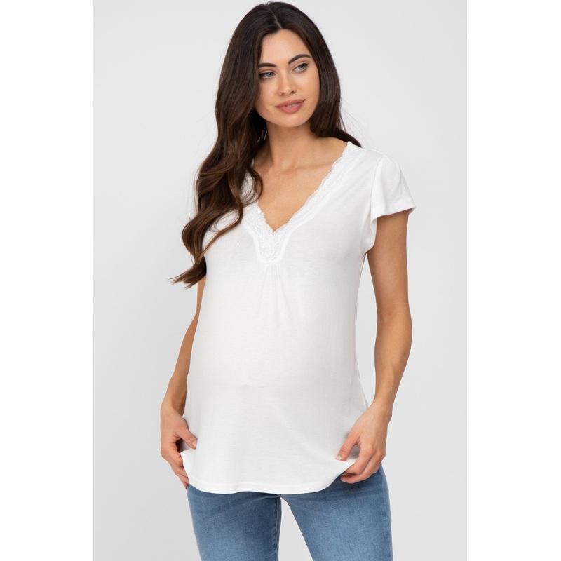 White Lace Trim Maternity Short Sleeve Top