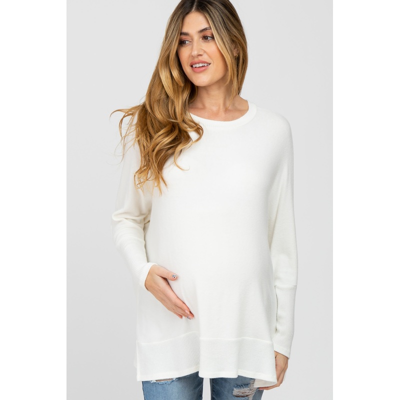 White Soft Brushed Knit Dolman Sleeve Side Slit Maternity Top