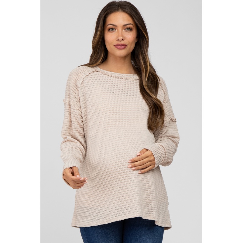 Beige Exposed Seam Maternity Long Sleeve Top