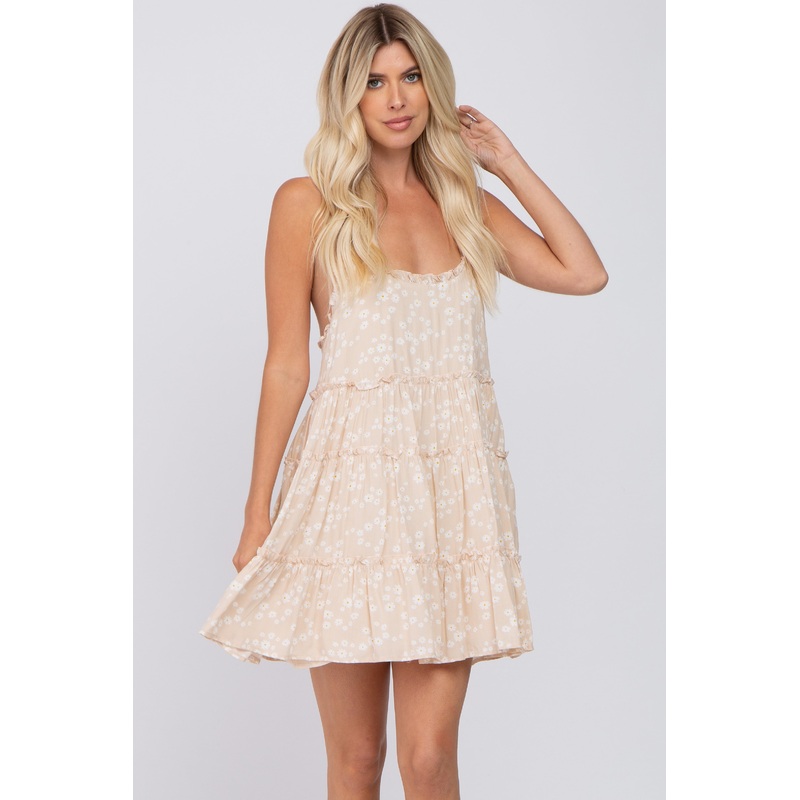 Beige Floral Sleeveless Tiered Mini Dress