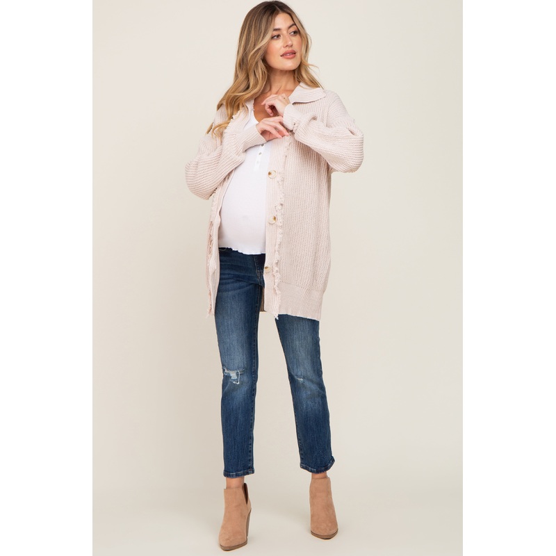 Beige Knit Frayed Button Down Maternity Cardigan