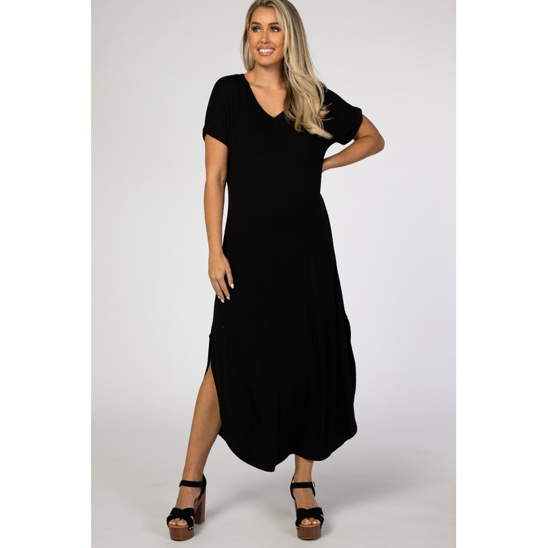 Black Curved Hem Maternity Maxi Dress