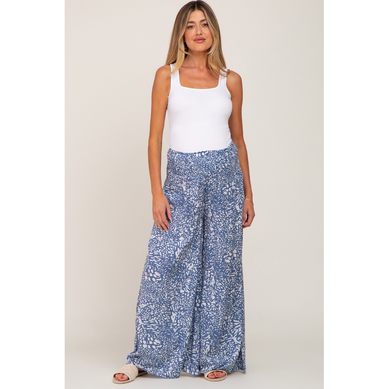 Blue Animal Print Wide Leg Maternity Pants