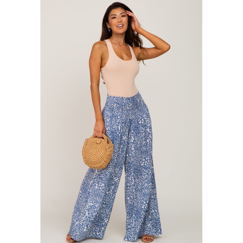 Blue Animal Print Wide Leg Pants