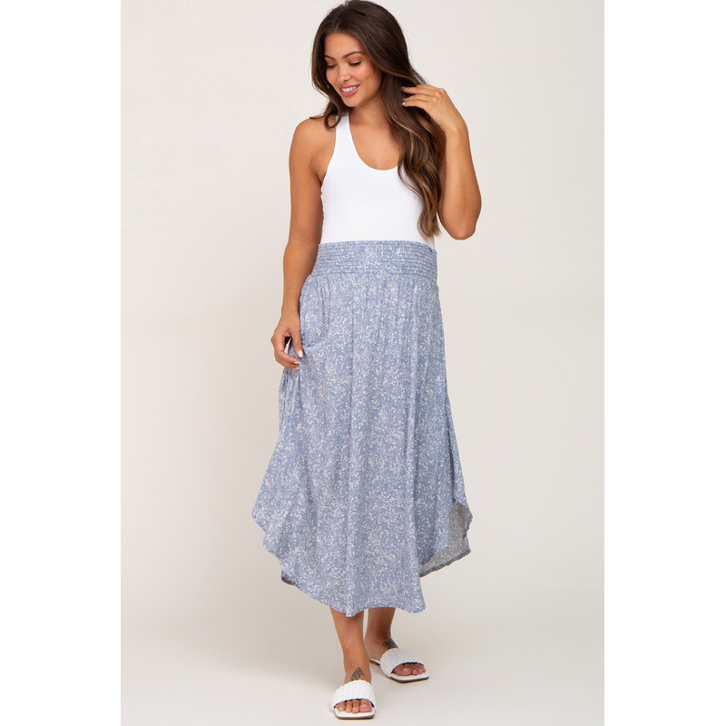 Blue Floral Smocked Curved Hem Maternity Skirt