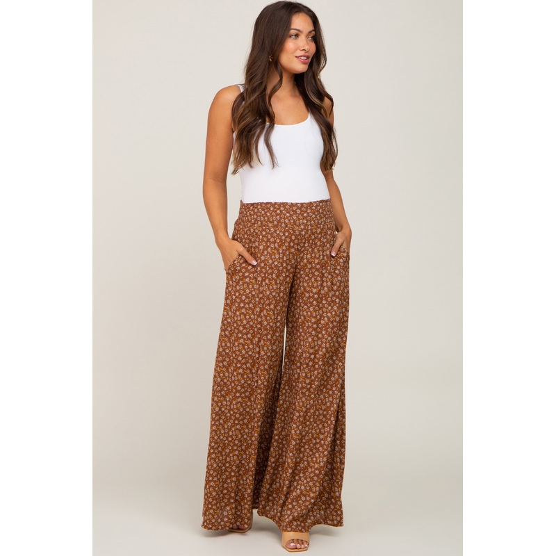 Rust Floral Smocked Waist Wide Leg Maternity Pants