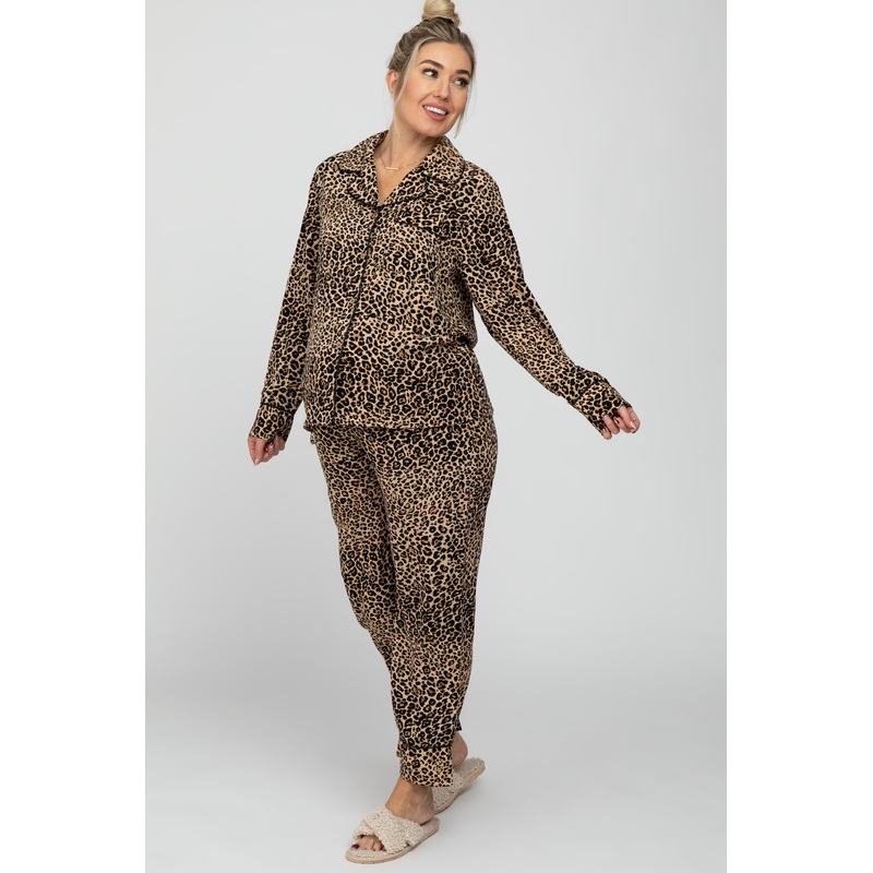 Taupe Leopard Print Maternity Pajama Set