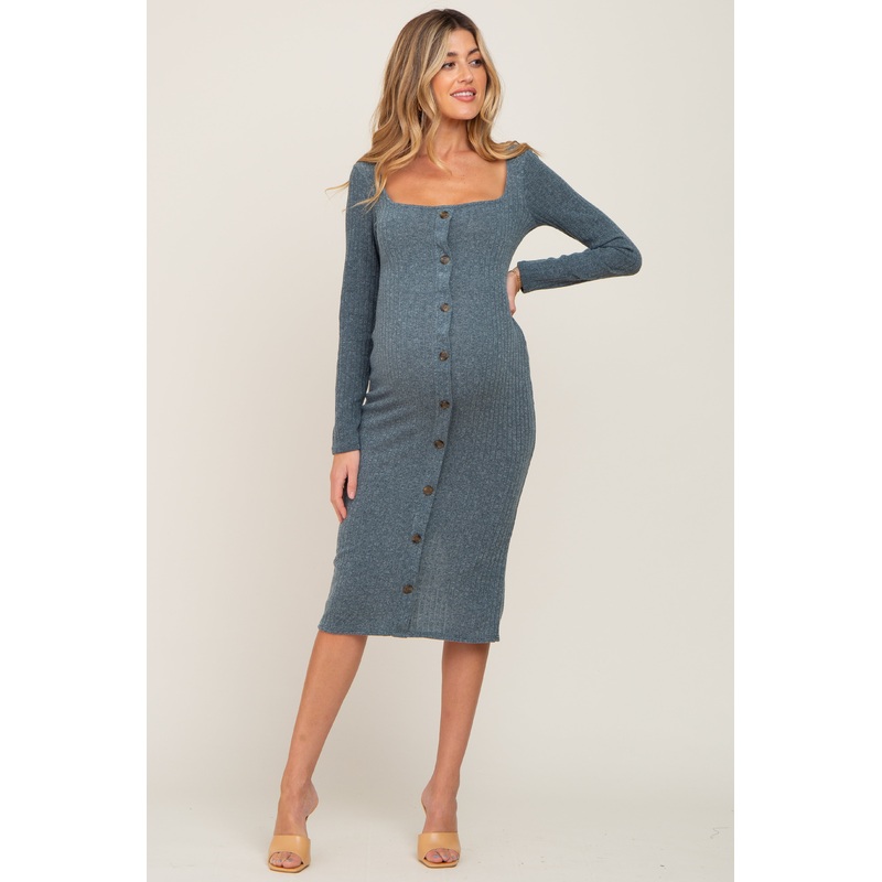 Teal Ribbed Knit Button Accent Maternity Midi Dress