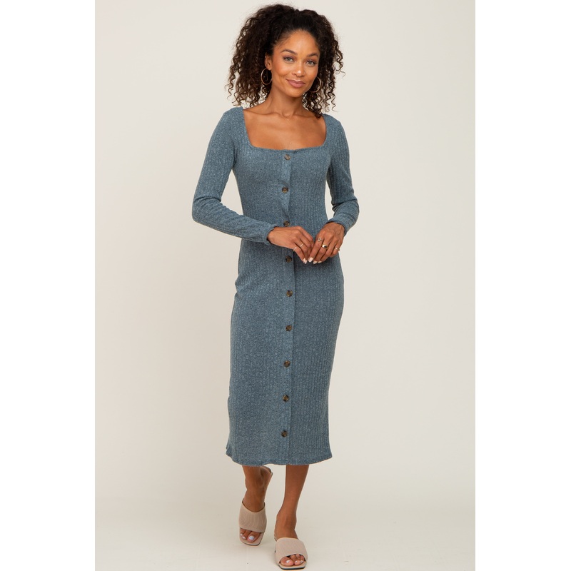 Teal Ribbed Knit Button Accent Midi Dress