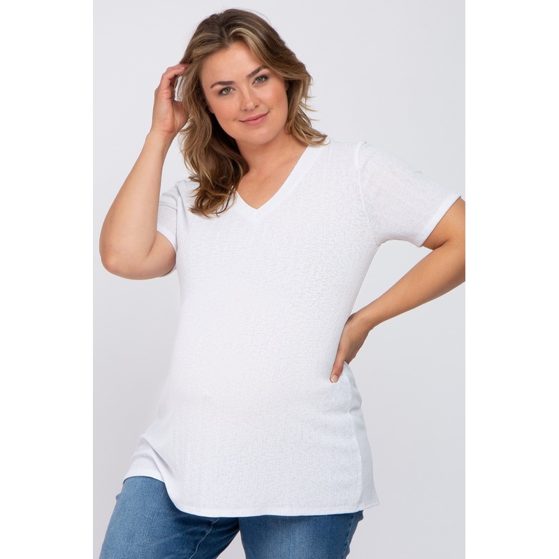White Textured V-Neck Maternity Plus Top