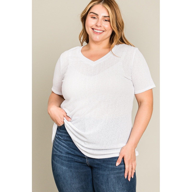 White Textured V-Neck Plus Top