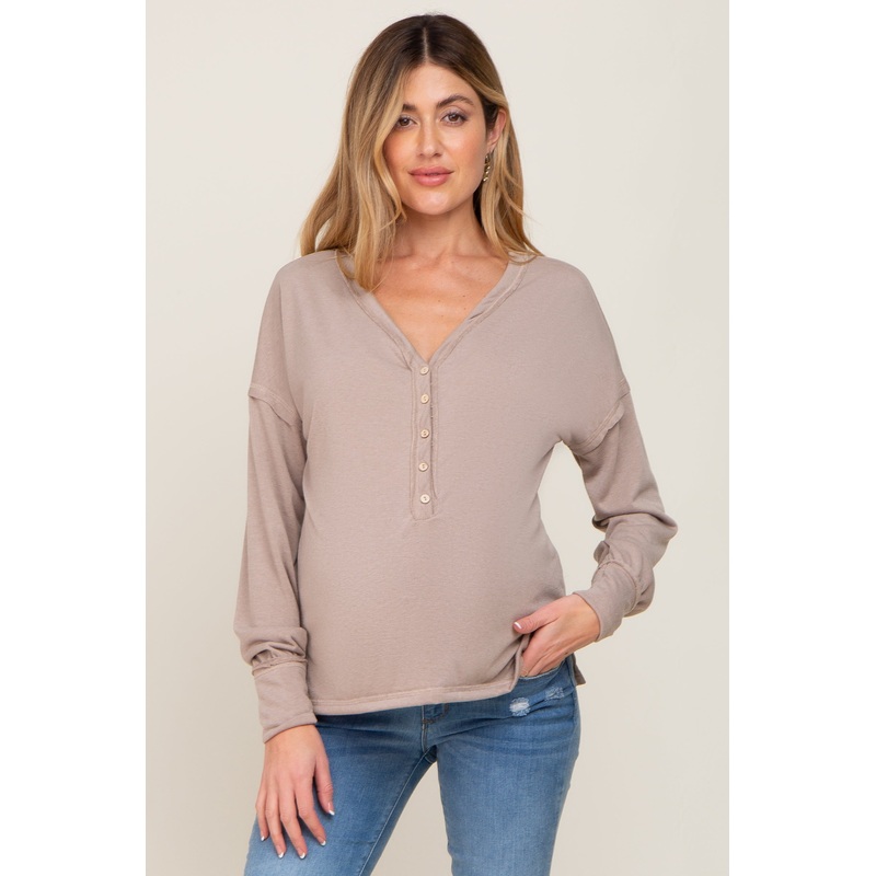 Beige Button Front Terry Long Sleeve Maternity Top