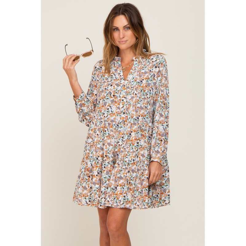 Beige Floral Button Front Tiered Dress