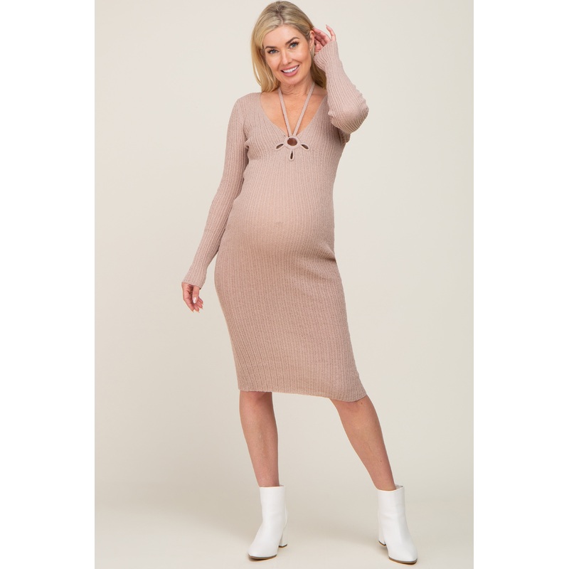 Beige Rib Knit Cutout Front Tie Maternity Midi Dress