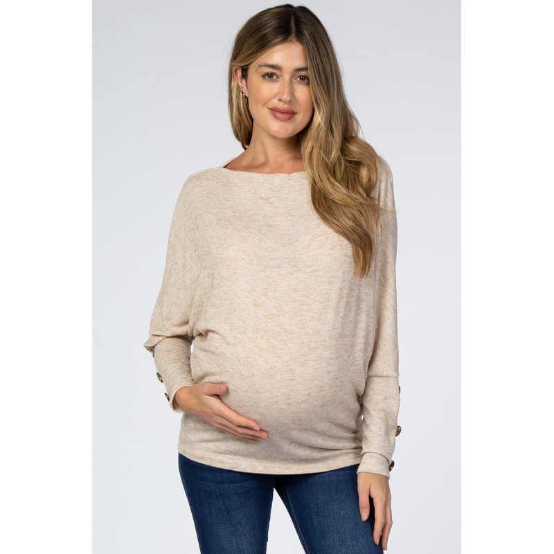 Beige Soft Knit Wide Neck Dolman Button Sleeve Maternity Top