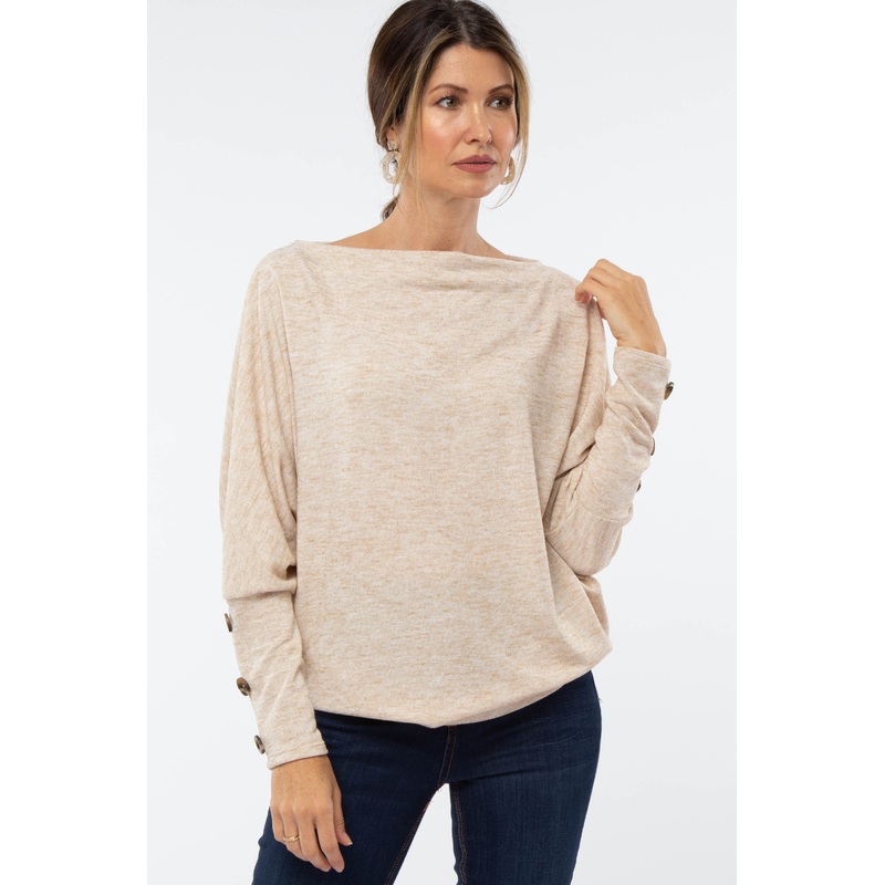 Beige Soft Knit Wide Neck Dolman Button Sleeve Top