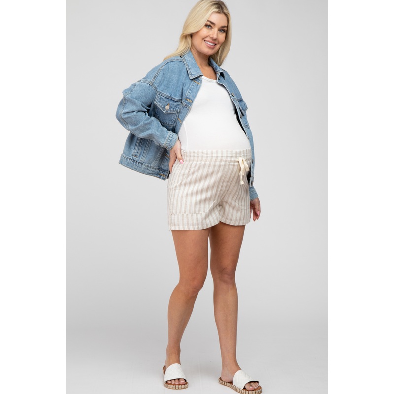 Beige Striped Drawstring Maternity Shorts