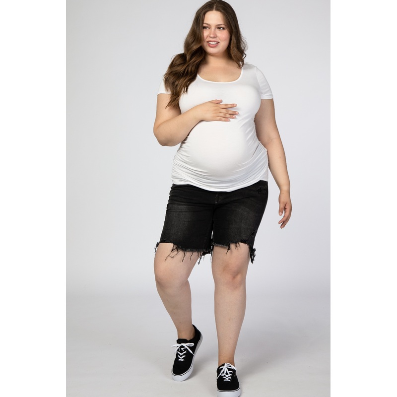 Black Distressed Fringe Hem Maternity Plus Denim Shorts