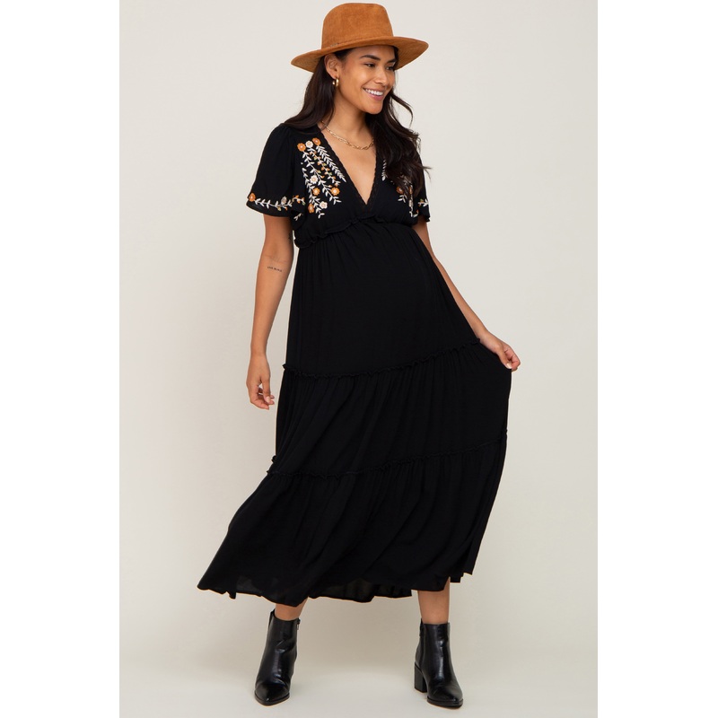 Black Embroidered Tiered Maternity Maxi Dress