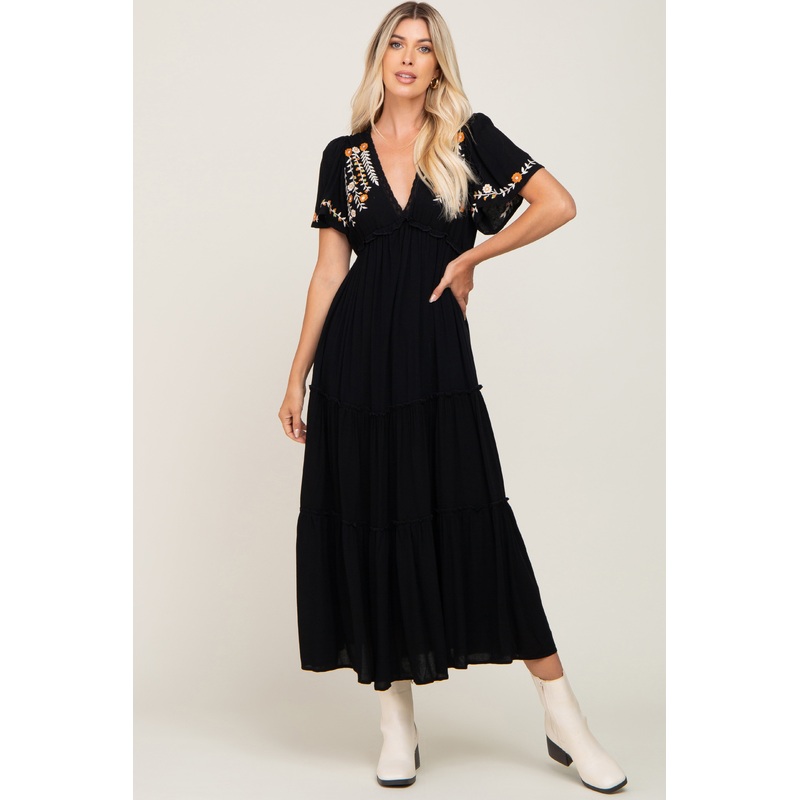 Black Embroidered Tiered Maxi Dress