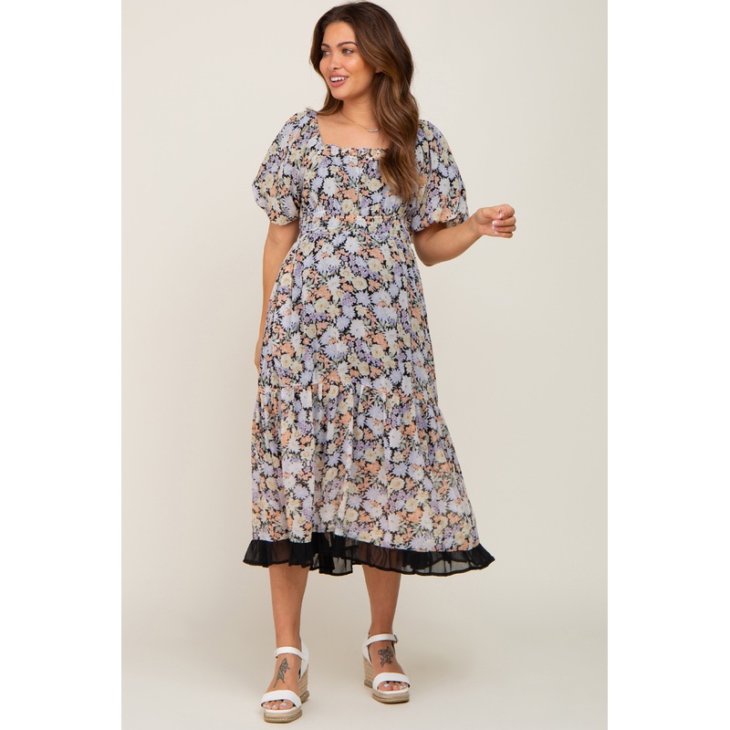 Black Floral Chiffon Ruffle Square Neck Puff Sleeve Maternity Midi Dress