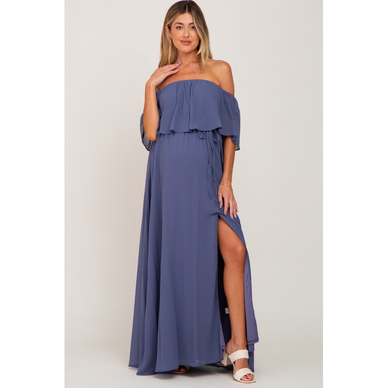 Blue Chiffon Off Shoulder Maternity Maxi Dress