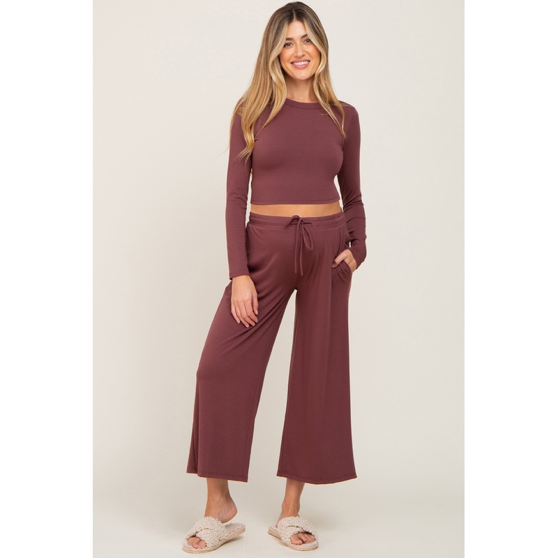 Burgundy Cropped Long Sleeve Maternity Lounge Set