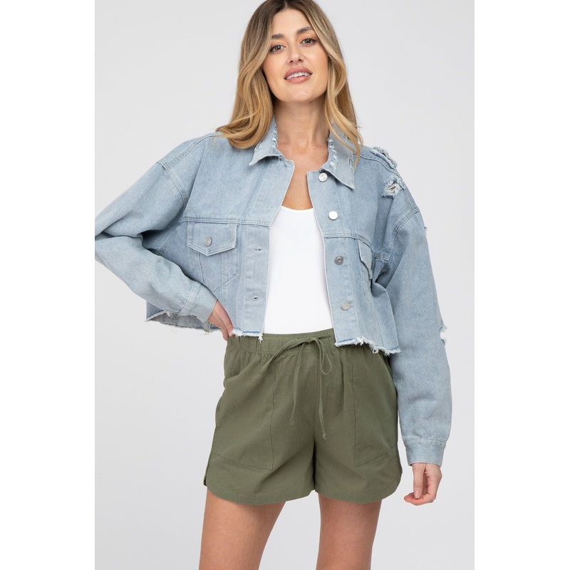Light Blue Raw Hem Cropped Maternity Jean Jacket