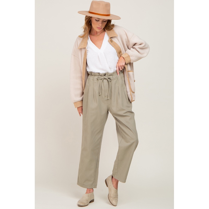 Olive Drawstring Pleated Denim Pants