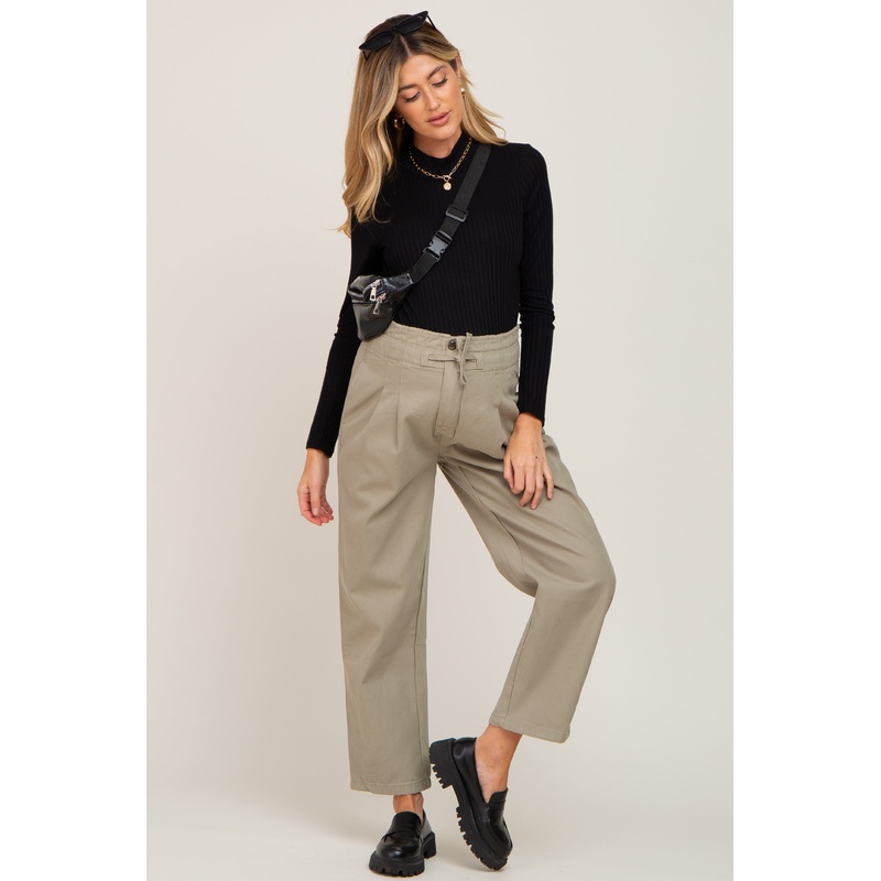 Olive Drawstring Pleated Maternity Denim Pants