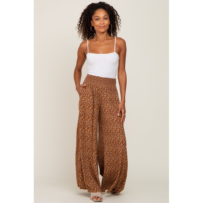 Rust Floral Smocked Waist Wide Leg Pants