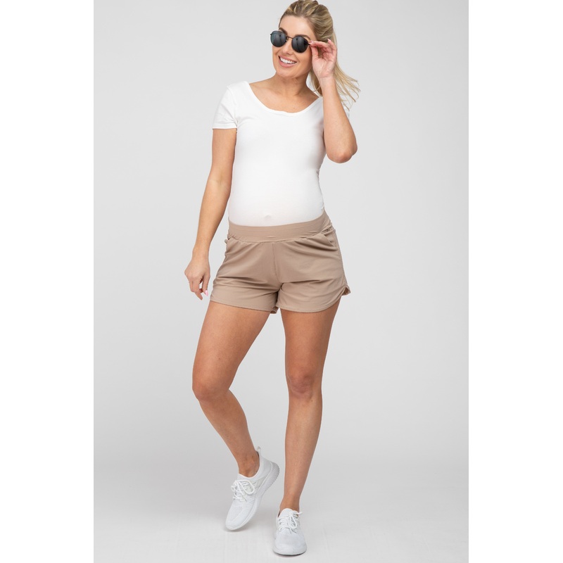 Taupe Rounded Hem Maternity Active Shorts